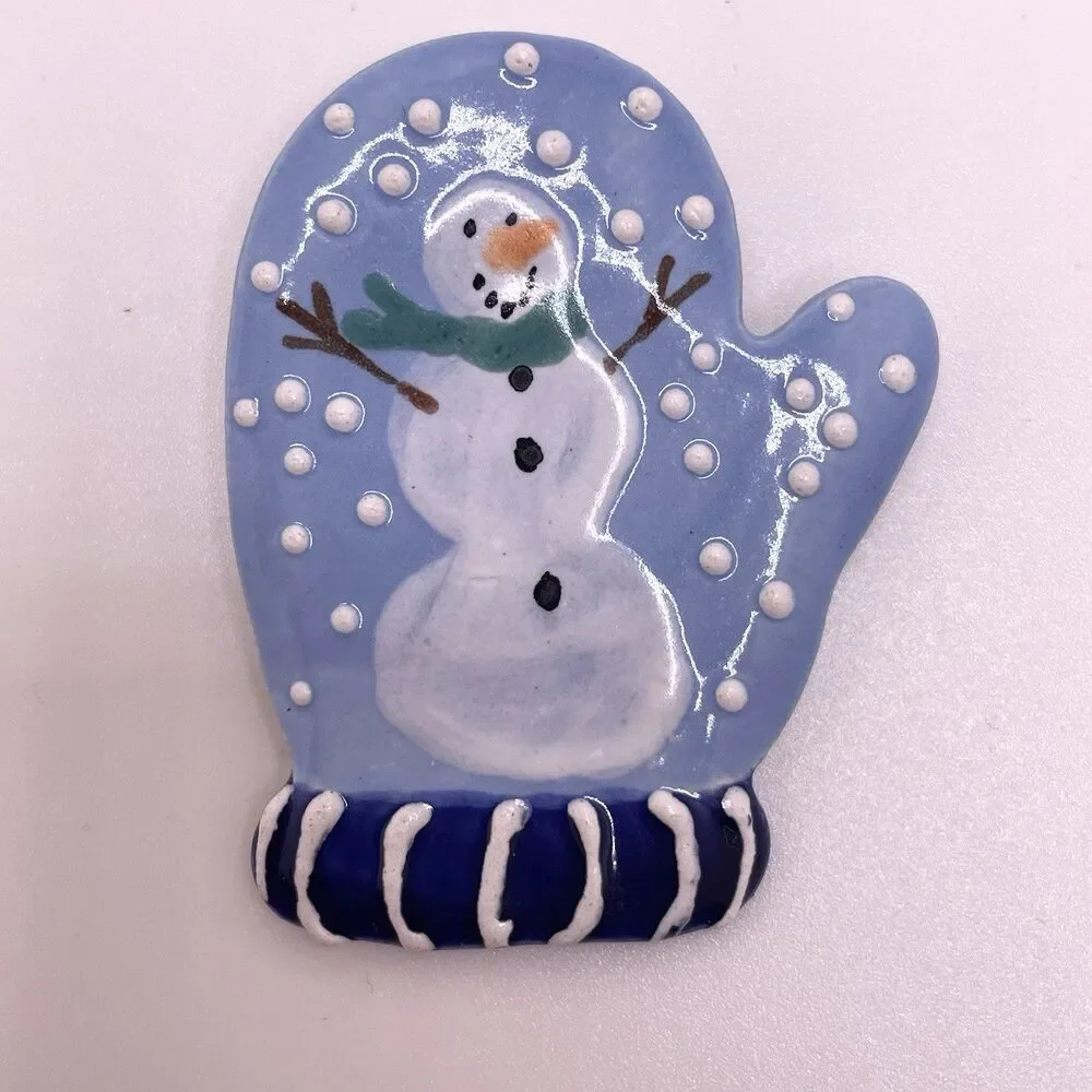 Christmas Brooches Pins Set of 3 Snowmen Santa Red White Blue Enamel Clay Resin